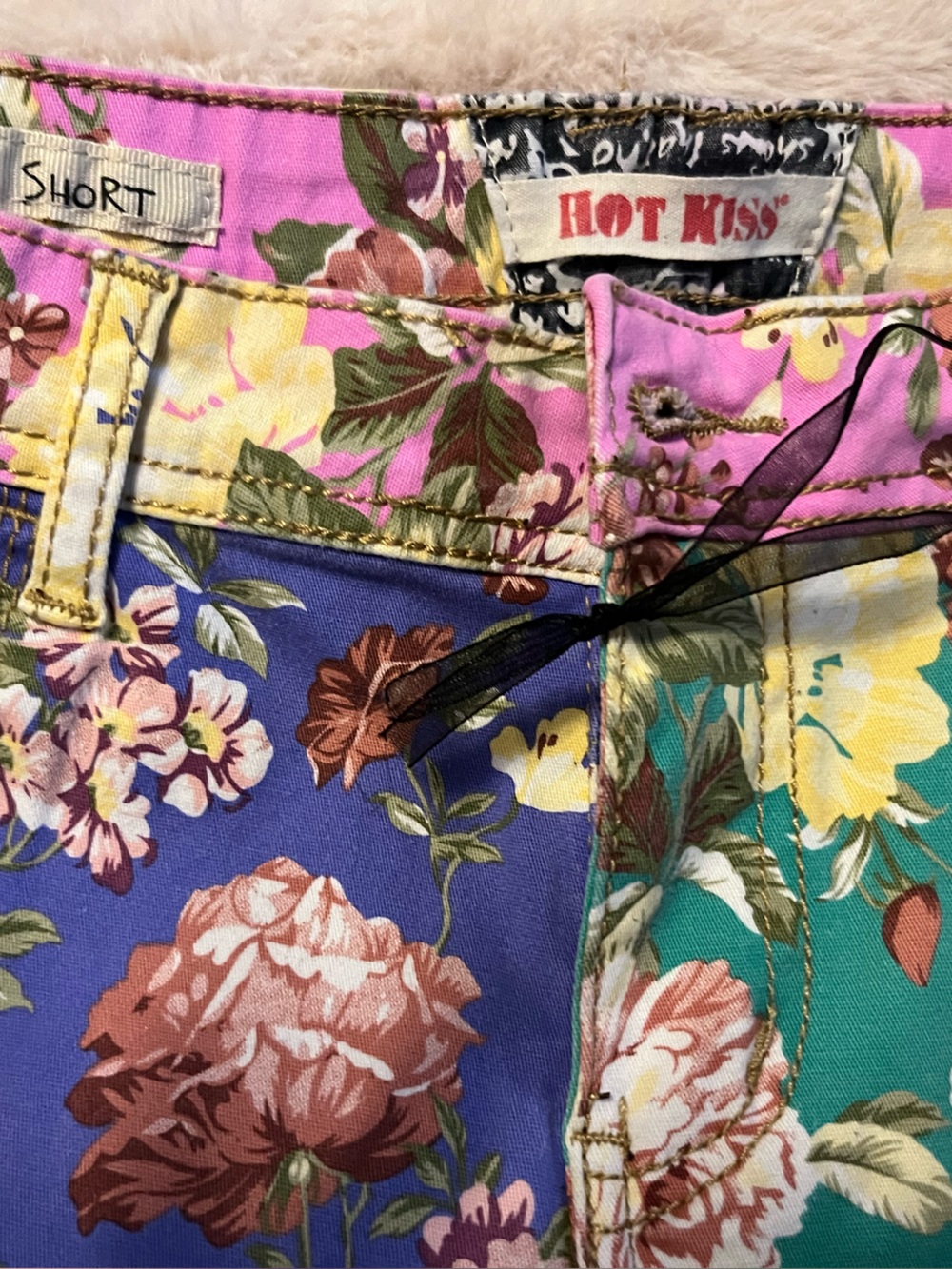 Hot Kiss Pink Floral Patchwork Shorts with Gold Stitching